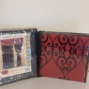2 Sets of Red & Black Curtains with Valance